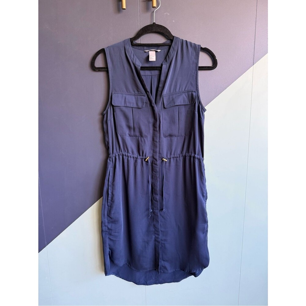 H&M Navy Blue Cinch Waist Sleeveless Shirt Dress, Size 6, EUC